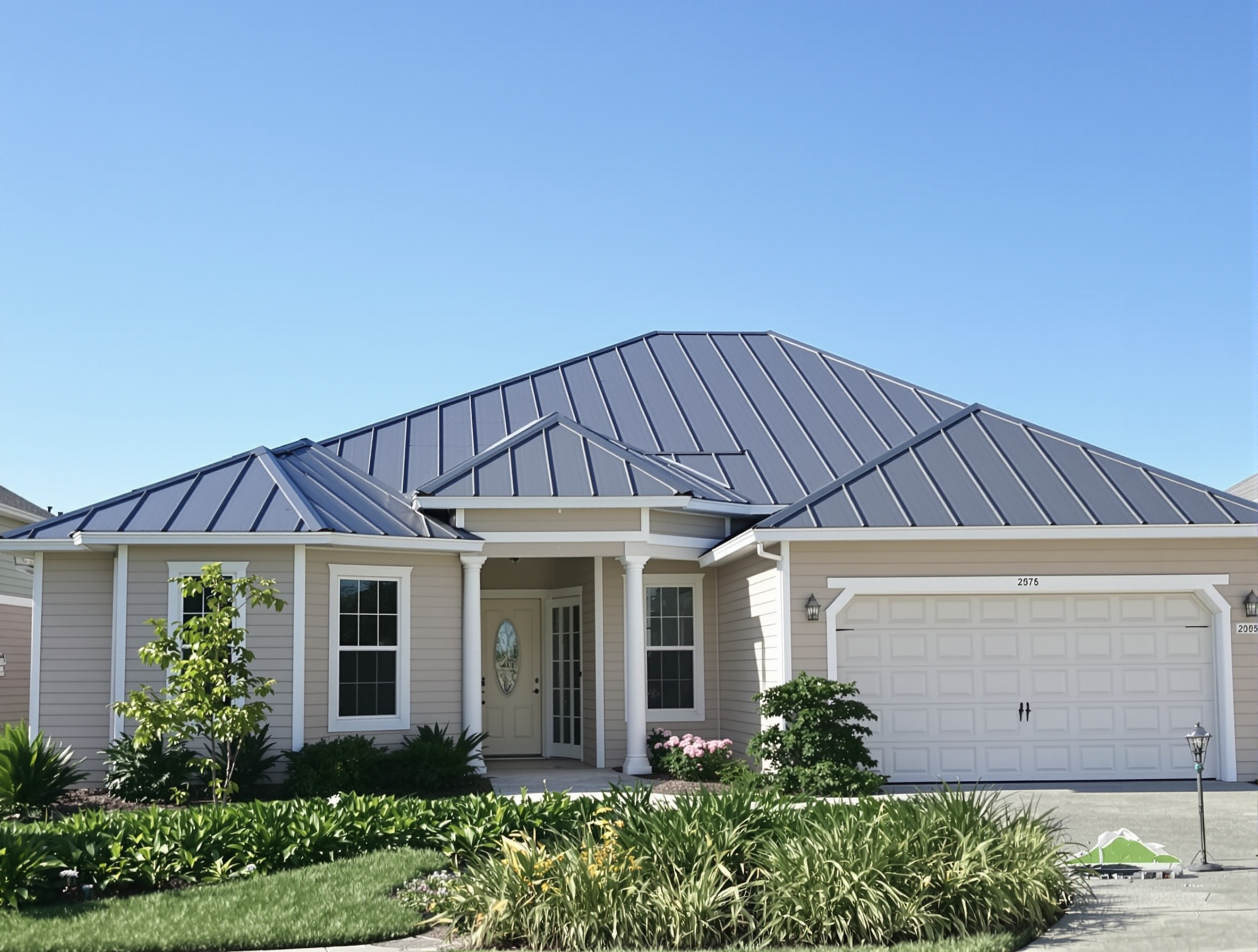 Same Gulf Coast home transformed with new slate gray standing seam metal roof — after replacement showing dramatic improvement
