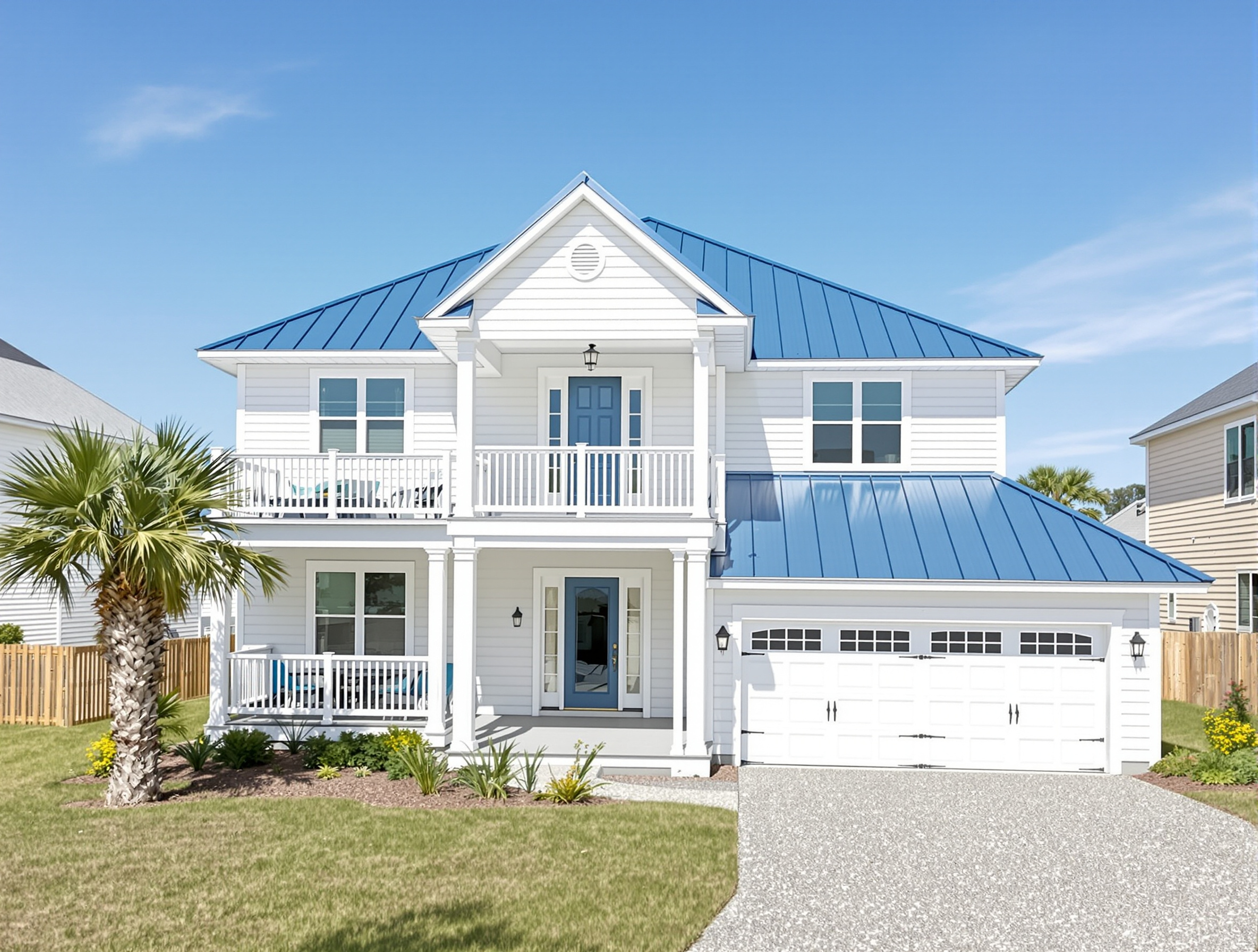 Same coastal home now with ocean blue standing seam metal roof, clean sharp lines — after replacement showing premium transformation