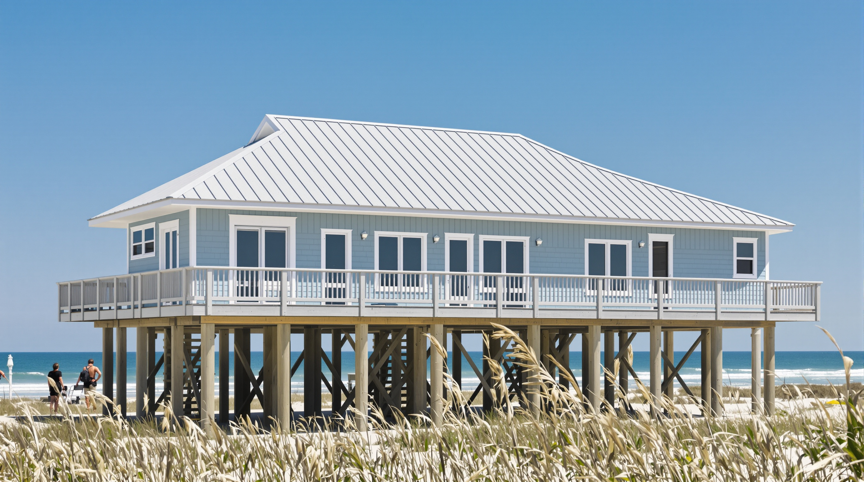 Gulf Coast beach house on stilts with light gray 5V crimp metal roof, blue-gray siding, wraparound deck, ocean in background, Pensacola Florida