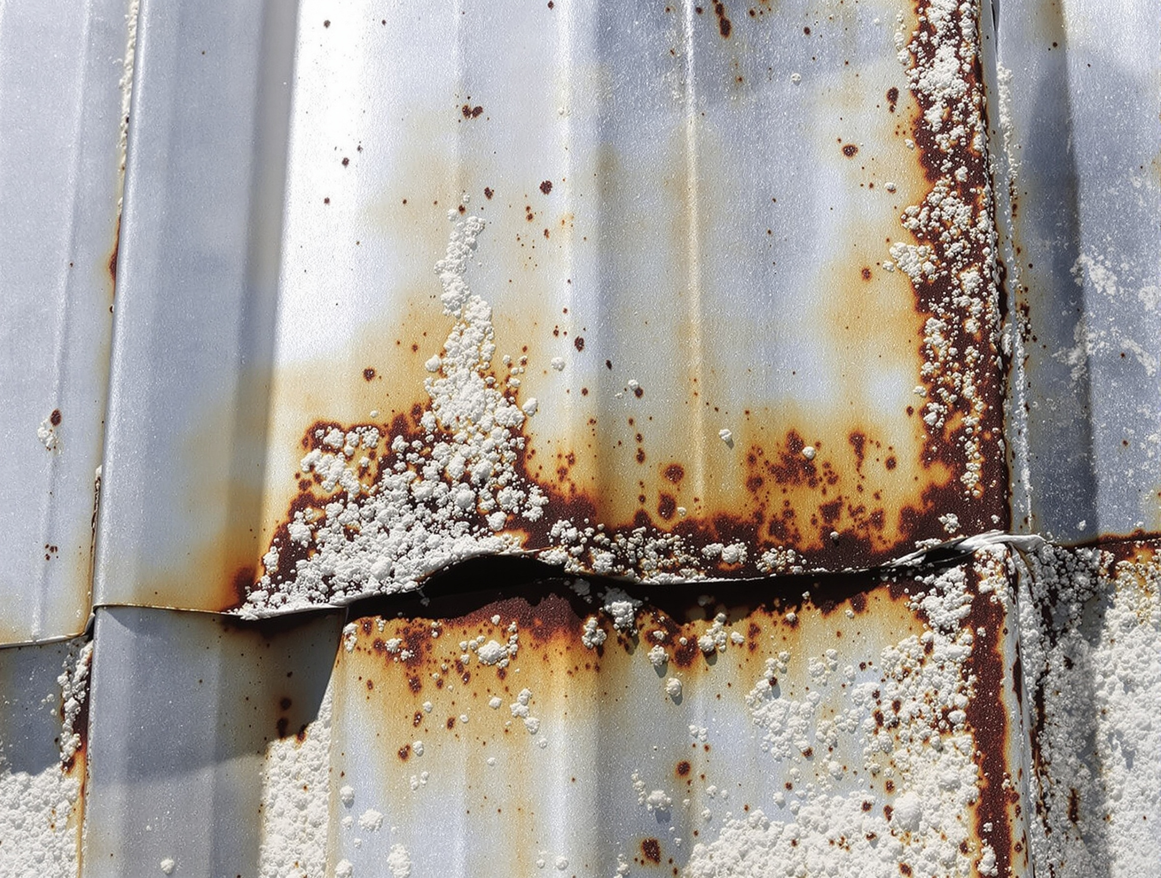 Early-stage coastal corrosion on galvalume steel metal roof panel showing rust spots and white oxidation at cut edges and fastener penetrations