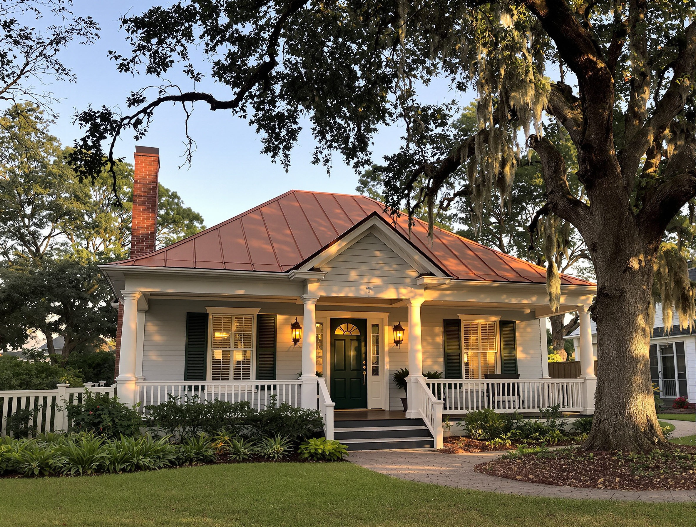 Craftsman bungalow on the Mississippi Gulf Coast with copper penny standing seam metal roof, dark green shutters, live oak with Spanish moss