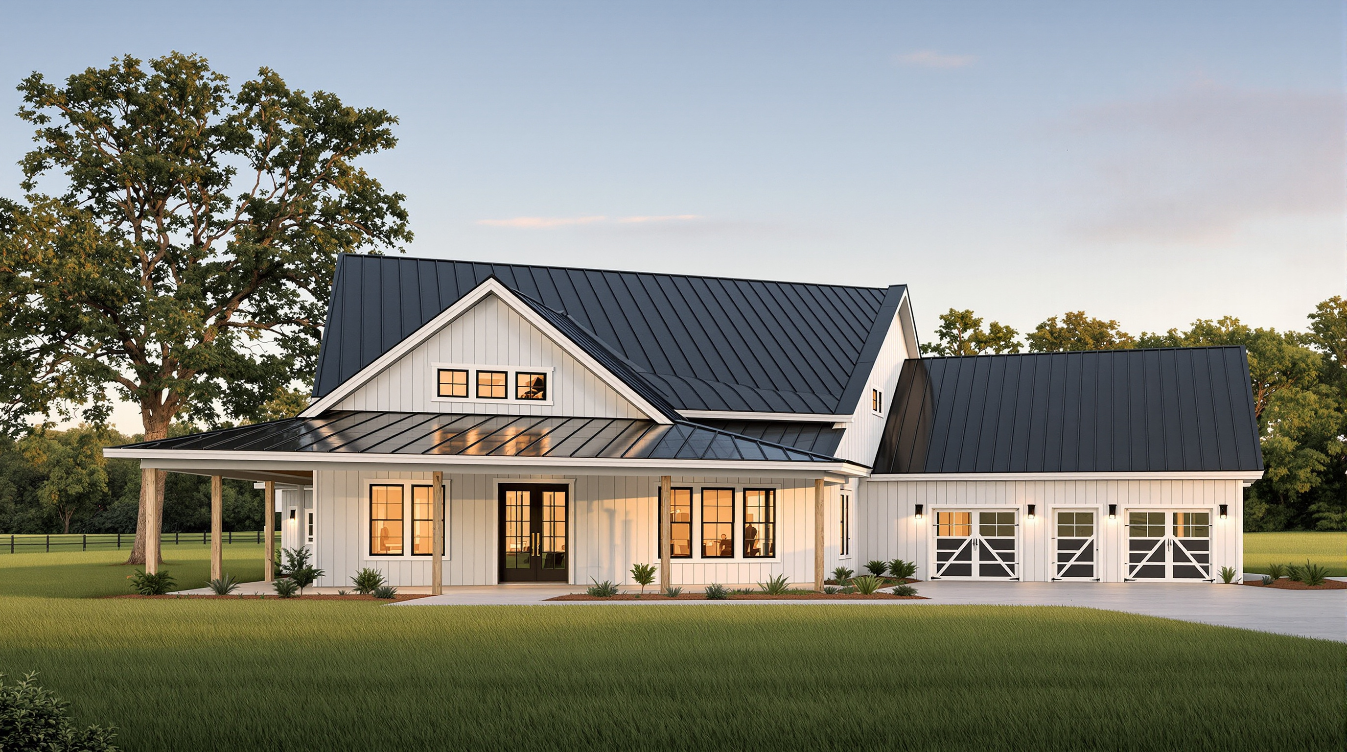 Modern farmhouse in rural Mississippi with dark charcoal standing seam metal roof, white board and batten siding, covered porch