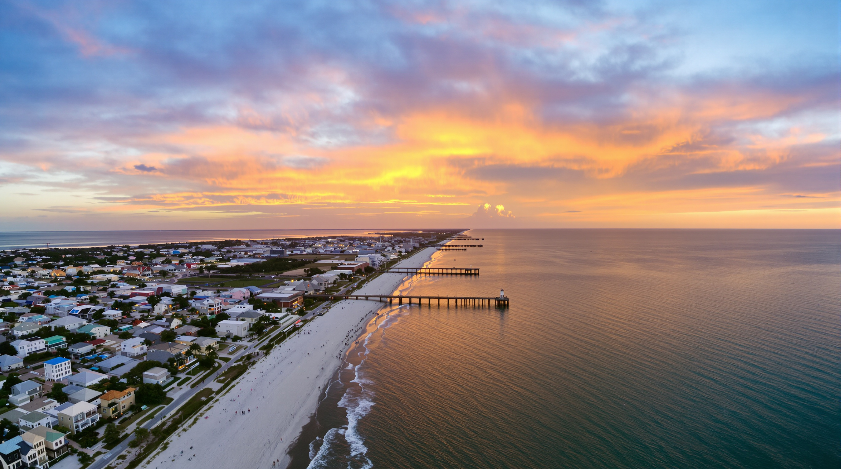 Panoramic Gulf Coast shoreline at sunset near Biloxi Mississippi with waterfront homes, some with visible metal roofs catching golden light