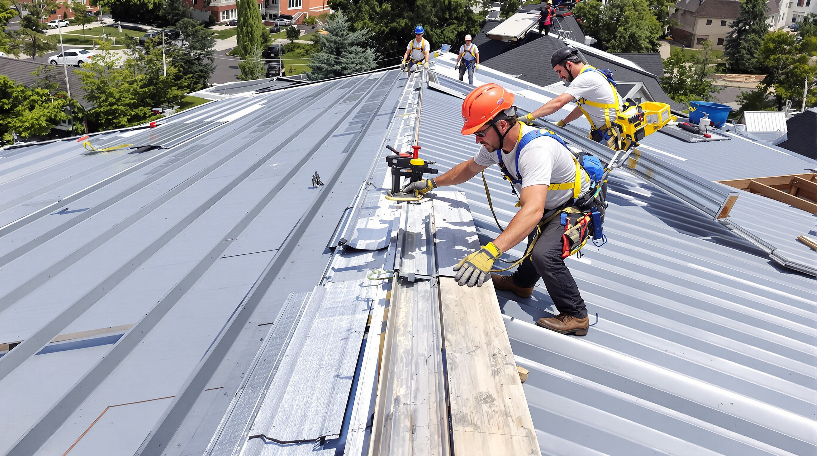 Professional roofers installing standing seam metal panels on residential roof, workers with safety harnesses, hand seamer visible