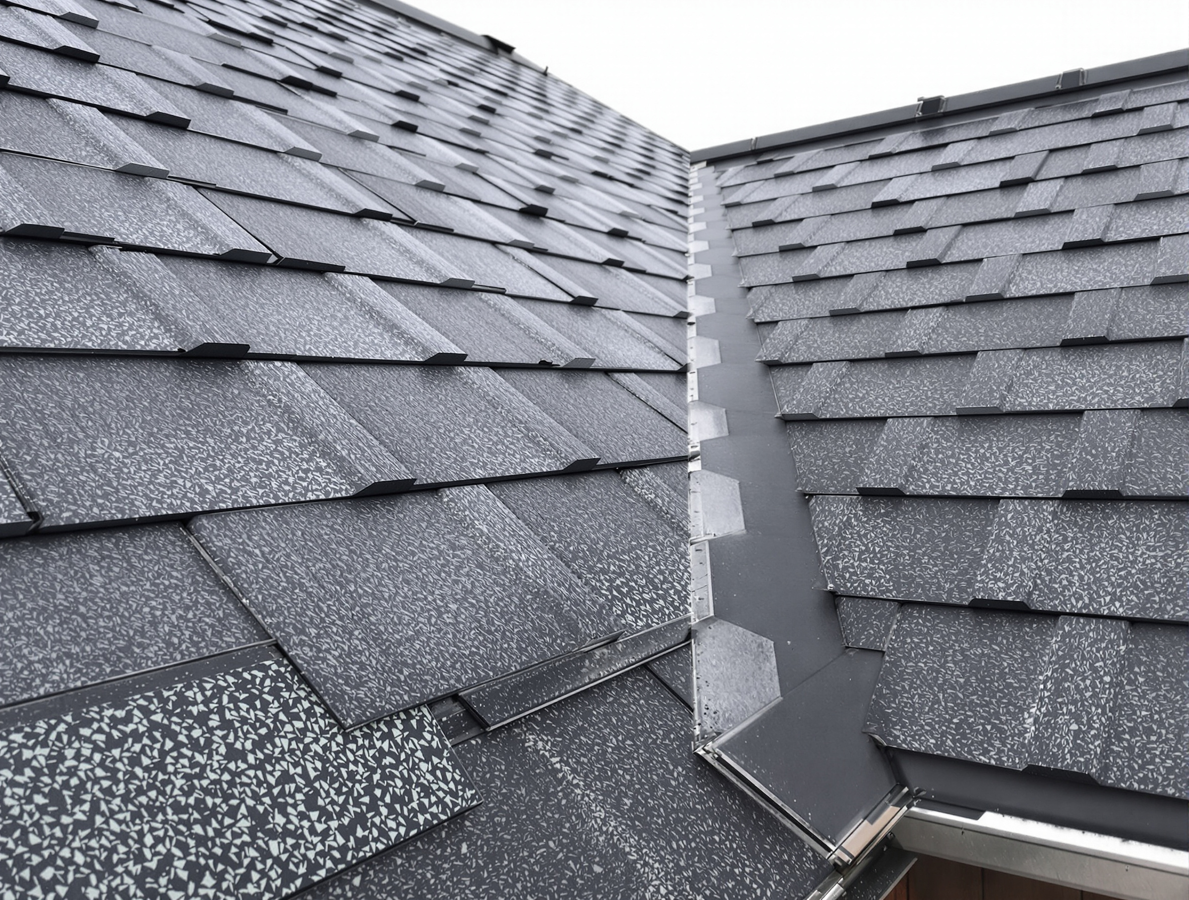Close-up of metal shingle roofing panels showing stamped interlocking slate pattern, dark charcoal color