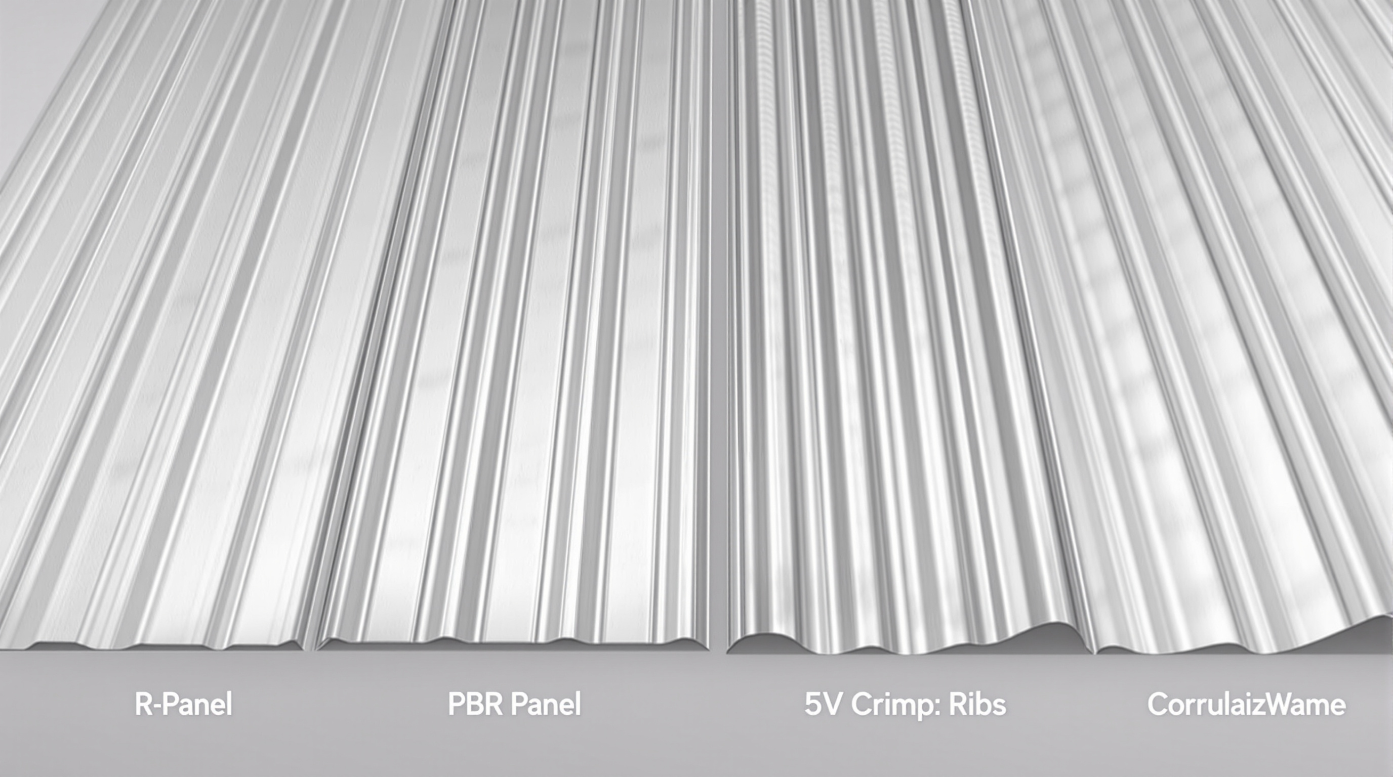 Side-by-side comparison of four exposed-fastener panel profiles: R-panel, PBR, 5V crimp, and corrugated in galvalume finish