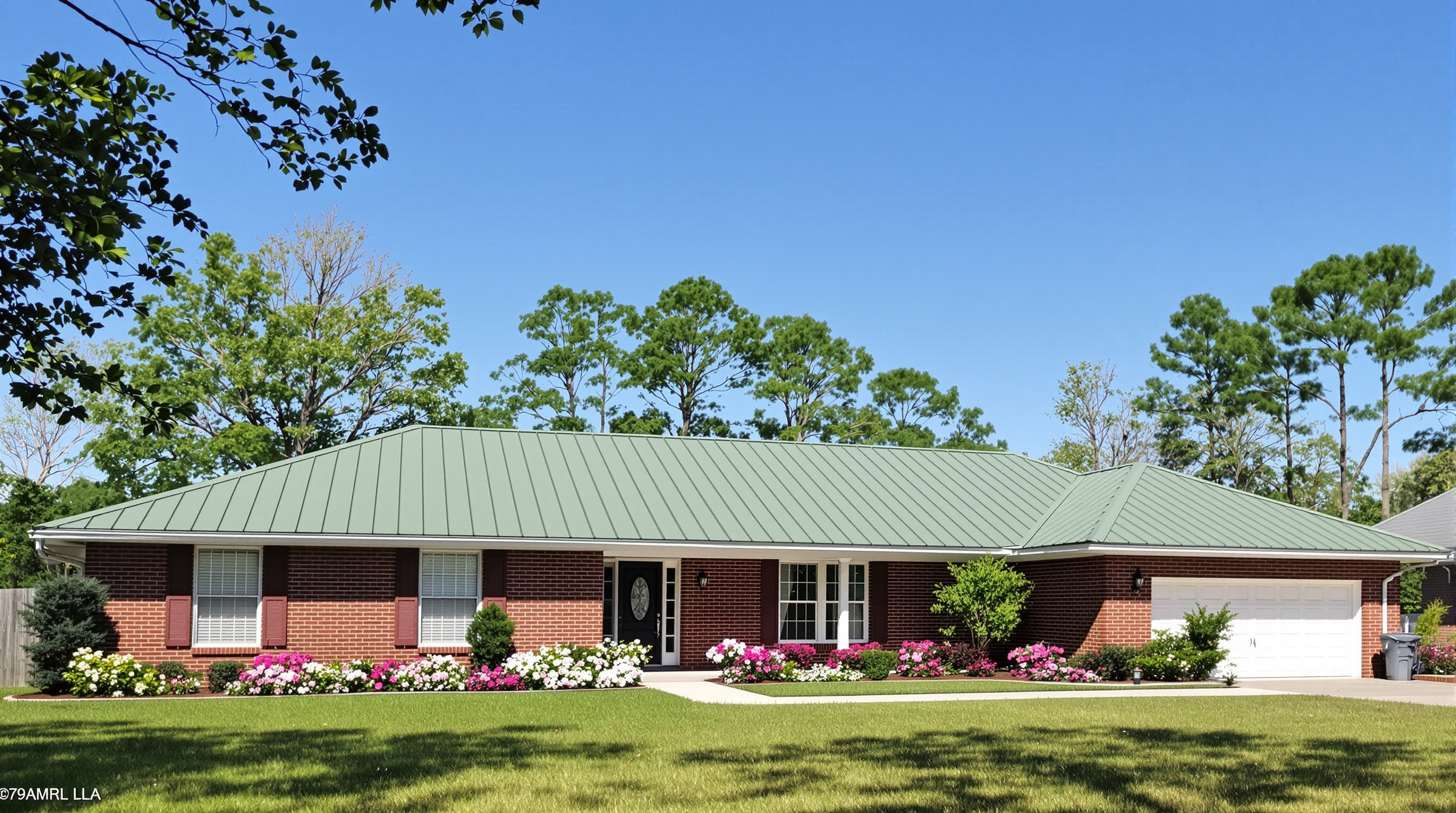 Single-story ranch home in south Alabama with medium green standing seam metal roof, red brick exterior, mature landscaping