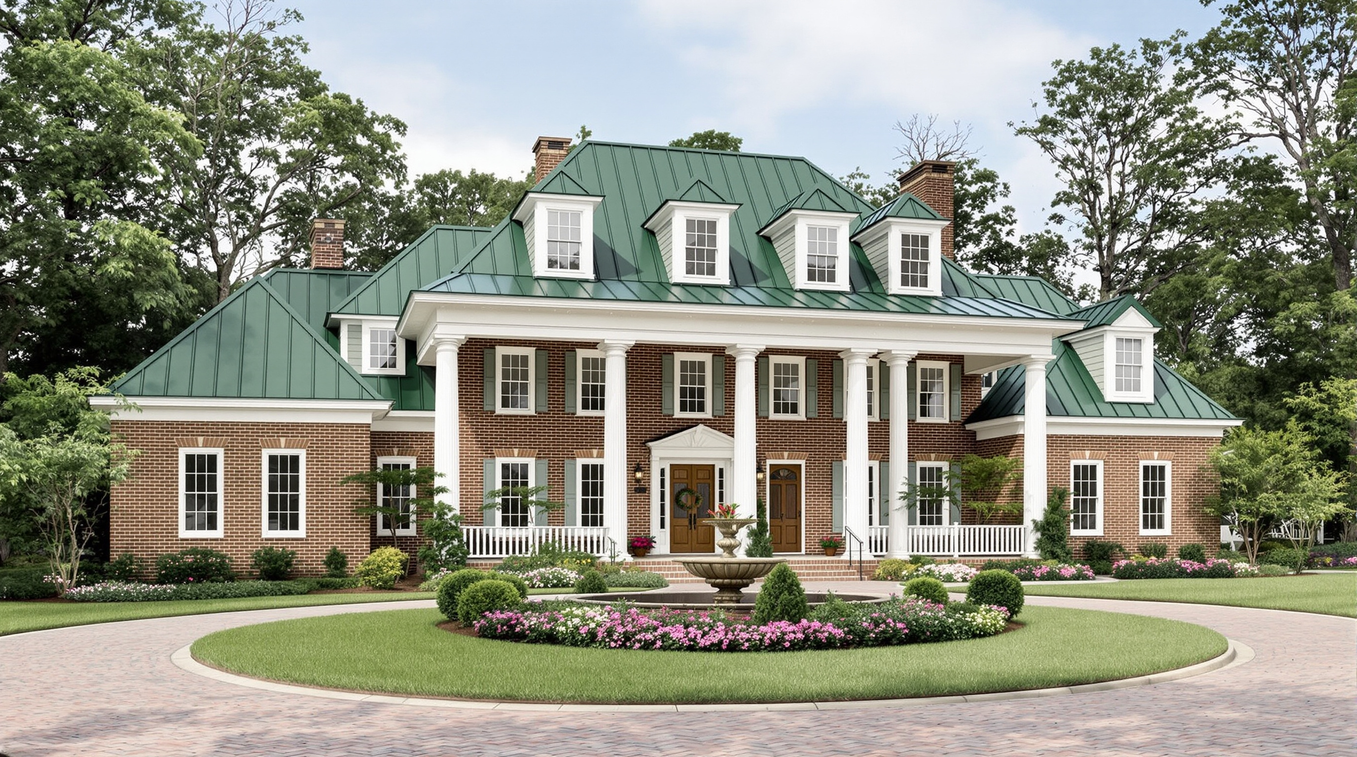 Large Southern colonial home in Mobile Alabama with forest green standing seam metal roof, white columns, brick lower level, magnolia trees