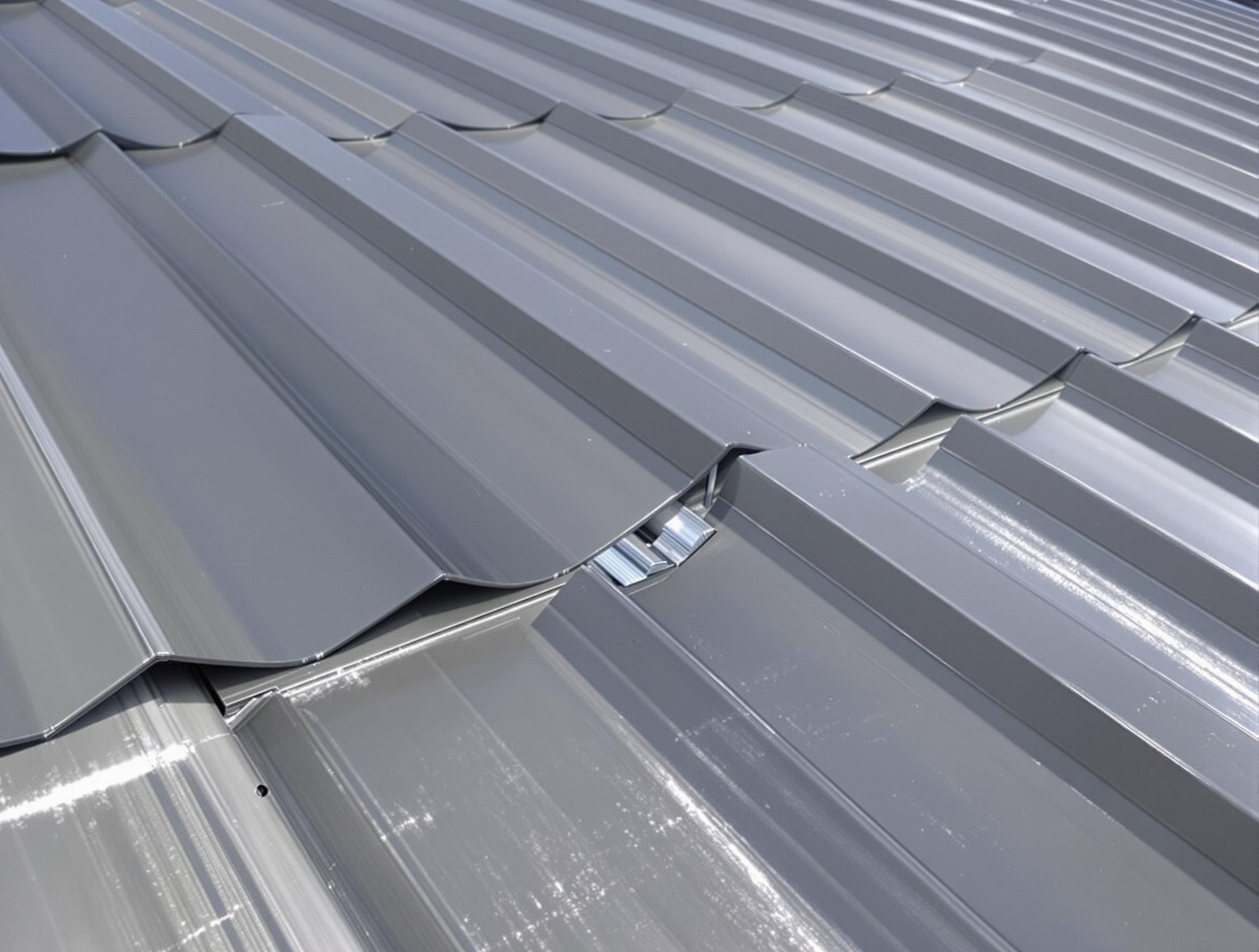 Close-up of standing seam metal roof showing raised seam detail and concealed clip junction, charcoal gray PVDF coated steel